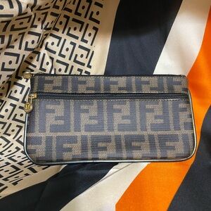 FENDI Pecan Mono Double Zip Up Clutch EUC Silk Long Scarf Included